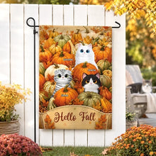 Load image into Gallery viewer, Personalized Fall Garden Flag with Cats in Pumpkin Patch Gift for Cat Lovers