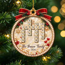 Load image into Gallery viewer, Personalized Family Word Search Ornament Red Gold Unique Gift