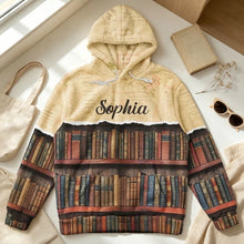 Load image into Gallery viewer, Personalized Youth Flannel Hoodie Vintage Bookshelf Gift for Book Lovers