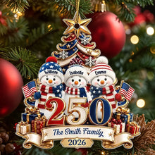 Load image into Gallery viewer, Personalized Snowman Family Ornament Custom Names Patriotic Gift