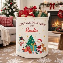 Load image into Gallery viewer, Personalized Round Storage Basket Red Green Santa Scene Gift for Family
