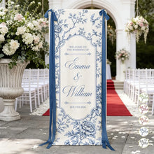 Load image into Gallery viewer, Personalized Wedding Welcome Banner Custom Name Blue Floral Birds Gift for Couples