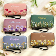 Load image into Gallery viewer, Personalized Leather Long Wallet with Birth Flower for Mom, Grandma, Sister
