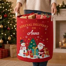 Load image into Gallery viewer, Personalized Round Storage Basket Red Green Santa Scene Gift for Family