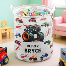 Load image into Gallery viewer, Personalized Round Storage Basket with Monster Trucks for Kids