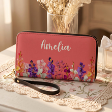 Load image into Gallery viewer, Personalized Leather Long Wallet with Birth Flower for Mom, Grandma, Sister