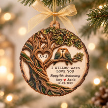 Load image into Gallery viewer, Personalized Wooden Ornament with Willow Tree & Birds, Unique Anniversary Gift for Couples
