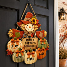 Load image into Gallery viewer, Personalized Wooden Sign with Scarecrow & Pumpkins Gift for Grandparents