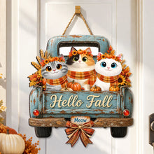 Load image into Gallery viewer, Personalized Wooden Cat Sign with Teal Truck | Rustic Fall Decor Gift