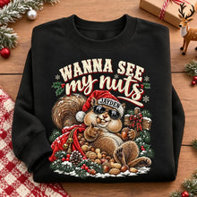 Load image into Gallery viewer, Personalized Funny Christmas Sweatshirt for Him - Wanna See My Nuts Santa Squirrel Gift