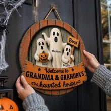 Load image into Gallery viewer, Personalized Wooden Halloween Sign with Ghosts & Pumpkin Gift for Grandma and Grandpa