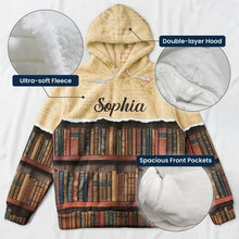 Load image into Gallery viewer, Personalized Youth Flannel Hoodie Vintage Bookshelf Gift for Book Lovers