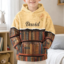 Load image into Gallery viewer, Personalized Youth Flannel Hoodie Vintage Bookshelf Gift for Book Lovers