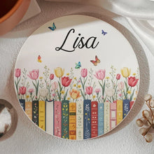 Load image into Gallery viewer, Personalized Round Ceramic Coaster with Butterflies for Book Lovers