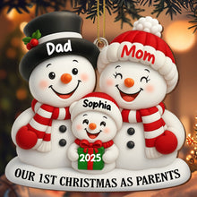 Load image into Gallery viewer, Personalized Wooden Christmas Ornament for New Parents Red Snowman Gift