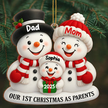 Load image into Gallery viewer, Personalized Wooden Christmas Ornament for New Parents Red Snowman Gift