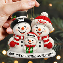 Load image into Gallery viewer, Personalized Wooden Christmas Ornament for New Parents Red Snowman Gift