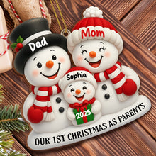 Load image into Gallery viewer, Personalized Wooden Christmas Ornament for New Parents Red Snowman Gift