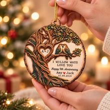 Load image into Gallery viewer, Personalized Wooden Ornament with Willow Tree & Birds, Unique Anniversary Gift for Couples