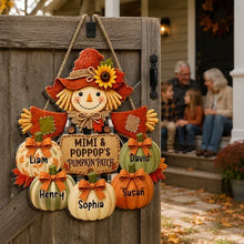 Load image into Gallery viewer, Personalized Wooden Sign with Scarecrow & Pumpkins Gift for Grandparents