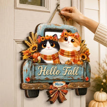 Load image into Gallery viewer, Personalized Wooden Cat Sign with Teal Truck | Rustic Fall Decor Gift
