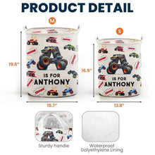 Load image into Gallery viewer, Personalized Round Storage Basket with Monster Trucks for Kids
