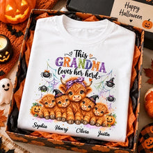 Load image into Gallery viewer, Personalized Halloween Sweatshirt for Grandma with Cows & Spiders
