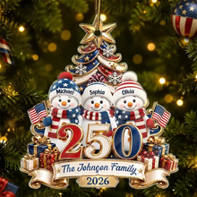 Load image into Gallery viewer, Personalized Snowman Family Ornament Custom Names Patriotic Gift