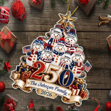 Load image into Gallery viewer, Personalized Snowman Family Ornament Custom Names Patriotic Gift