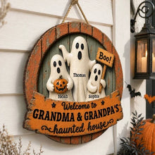Load image into Gallery viewer, Personalized Wooden Halloween Sign with Ghosts & Pumpkin Gift for Grandma and Grandpa