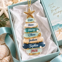 Load image into Gallery viewer, Personalized Coastal Acrylic Ornament with Christmas Tree & Starfish Family Gift