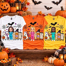 Load image into Gallery viewer, Personalized Halloween Tee Nurse Holding Coffee Gift for Nurse