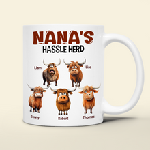 Load image into Gallery viewer, Personalized Mama's Hassle Herd Coffee Mug - Funny Highland Cow Gift Coffee Mug PopCulturePrints