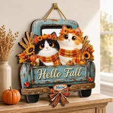 Load image into Gallery viewer, Personalized Wooden Cat Sign with Teal Truck | Rustic Fall Decor Gift