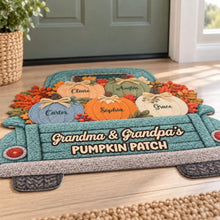 Load image into Gallery viewer, Personalized Autumn Pumpkin Truck Doormat Gift for Grandma and Grandpa