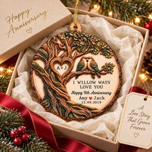 Load image into Gallery viewer, Personalized Wooden Ornament with Willow Tree & Birds, Unique Anniversary Gift for Couples