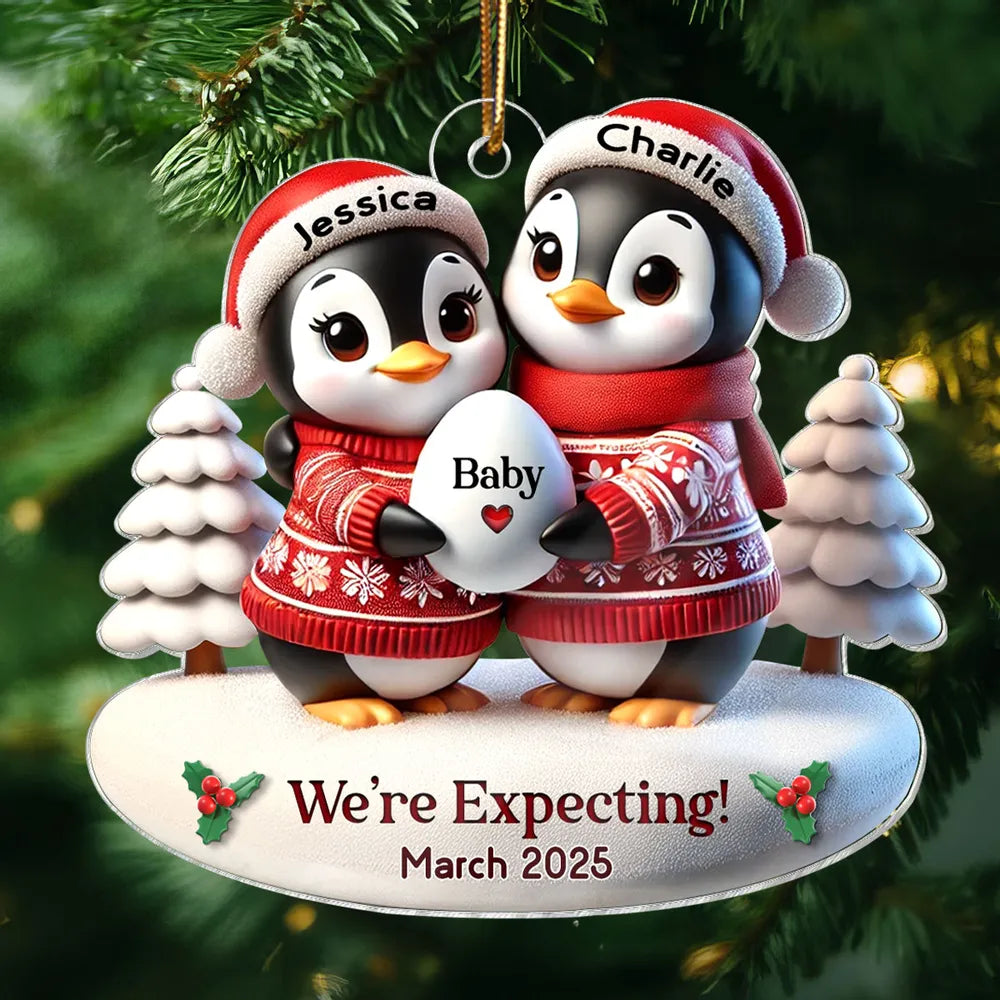 Personalized Penguin Family Christmas Ornament for Expecting Parents - Baby Announcement 2025 Ornament MagicInPrints