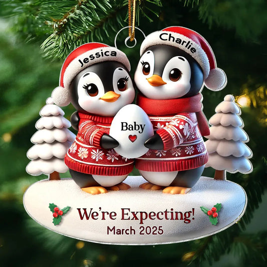 Personalized Penguin Family Christmas Ornament for Expecting Parents - Baby Announcement 2025 Ornament MagicInPrints