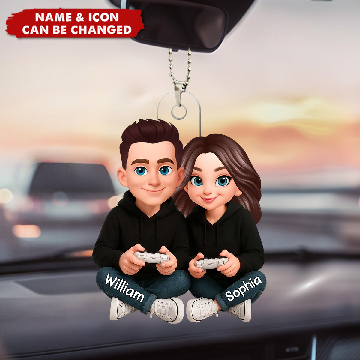 Custom Couple Car Ornament for Gamers - Wedding Gift Car Hanger MagicInPrints