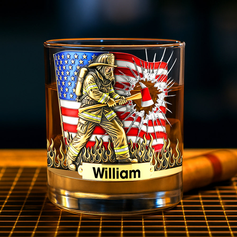 Courage in Every Sip – Personalized Patriotic Firefighter Drinking Glass – Ideal Gift for Firefighters, Veterans, and First Responders Whiskey Glass PopCulturePrints