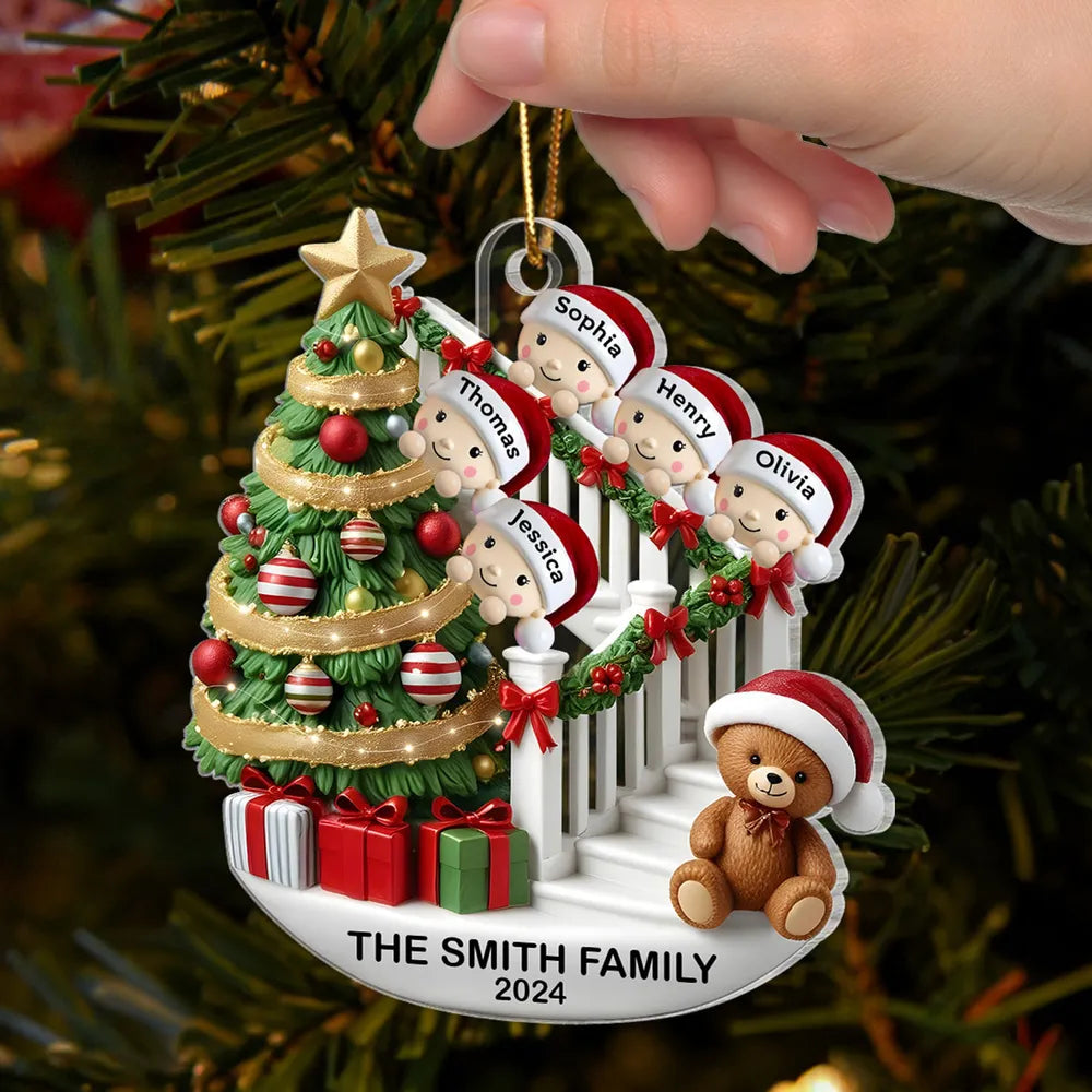 Personalized Family Christmas Ornament - Custom Names on Staircase with Tree and Teddy Bear Ornament MagicInPrints