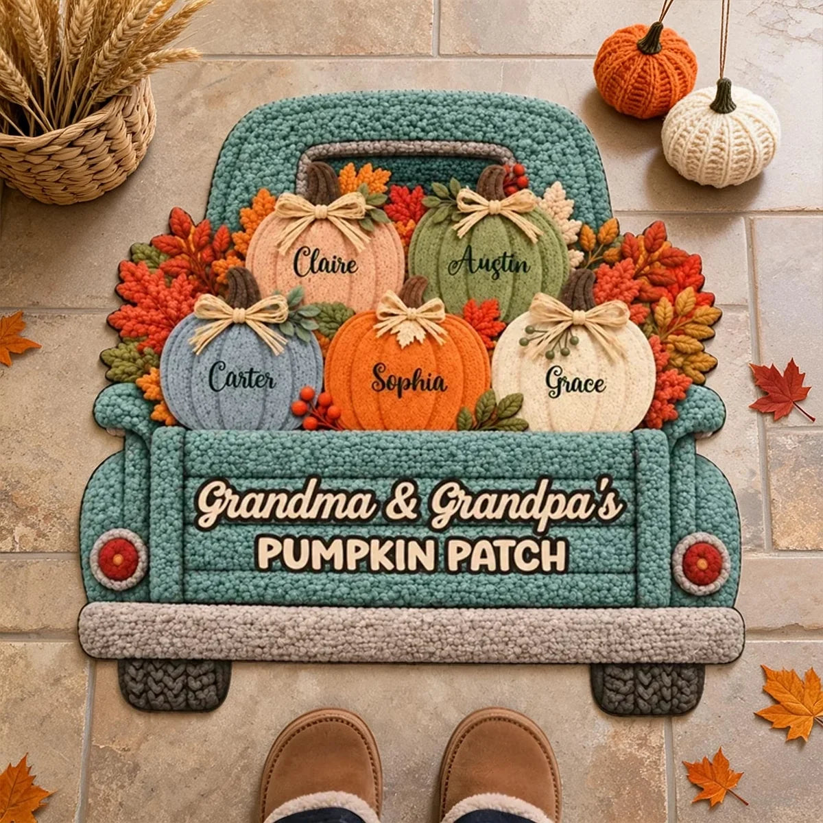 Personalized Autumn Pumpkin Truck Doormat Gift for Grandma and Grandpa