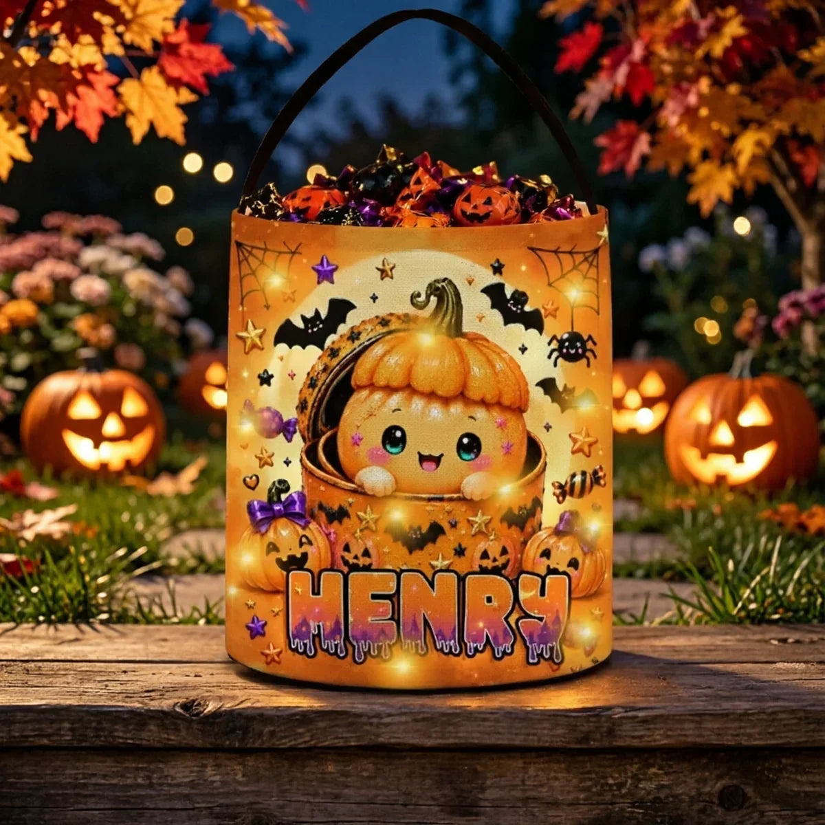 Personalized LED Light Up Pumpkin Treat Basket for Kids Halloween