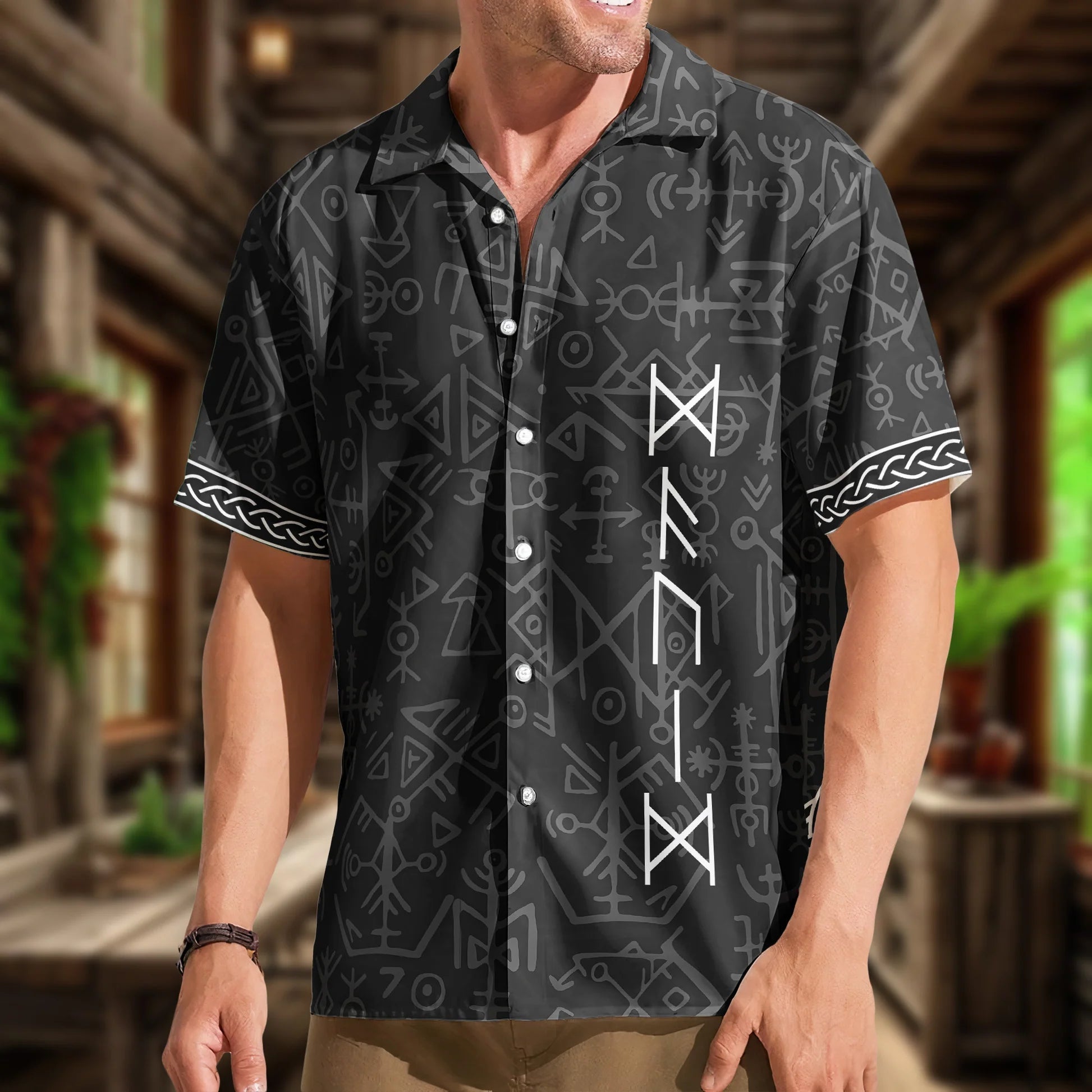 Viking Wolf Symbol Men's Button-Up Shirt - Casual Nordic Style Cloth MagicInPrints