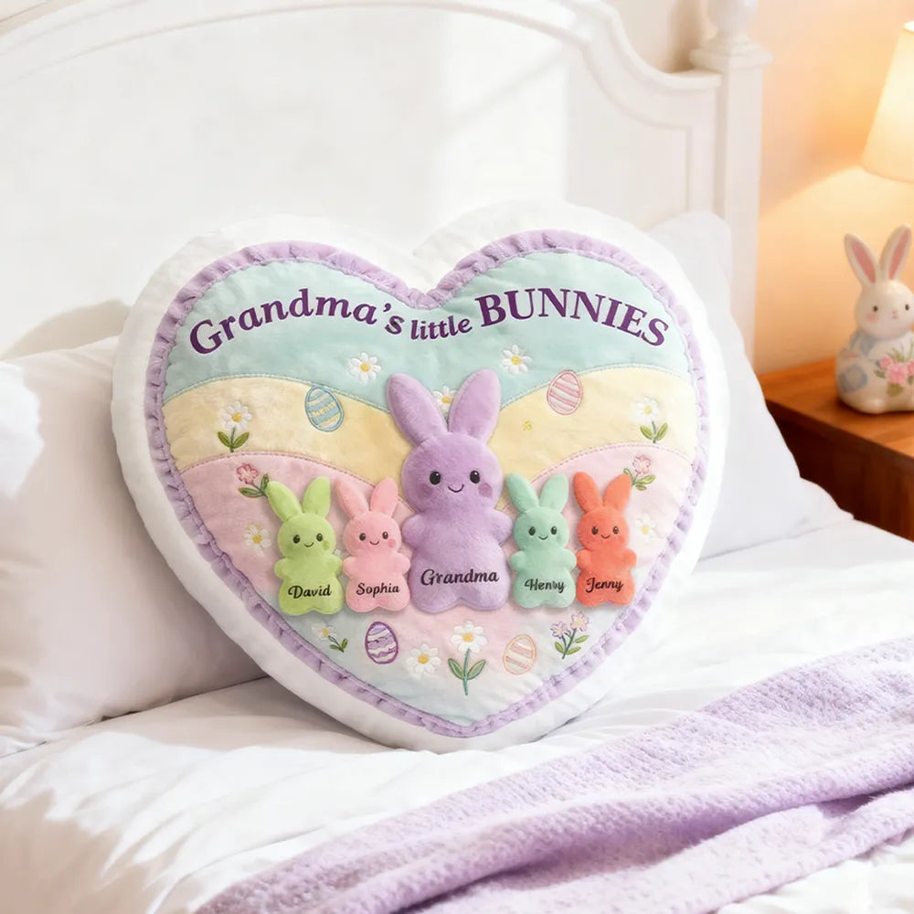 Personalized Heart-Shaped Pillow for Grandma with Bunny Design - Easter Gift Pillow MagicInPrints