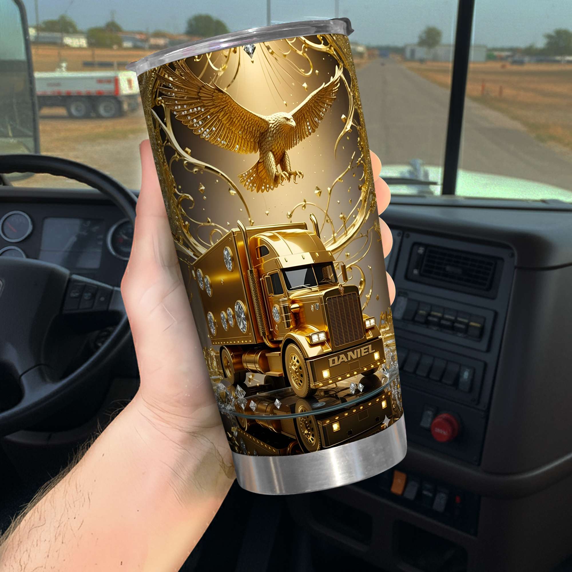 Golden Semi Truck Tumbler - Personalized Gift for Truckers Tumbler Cup MagicInPrints