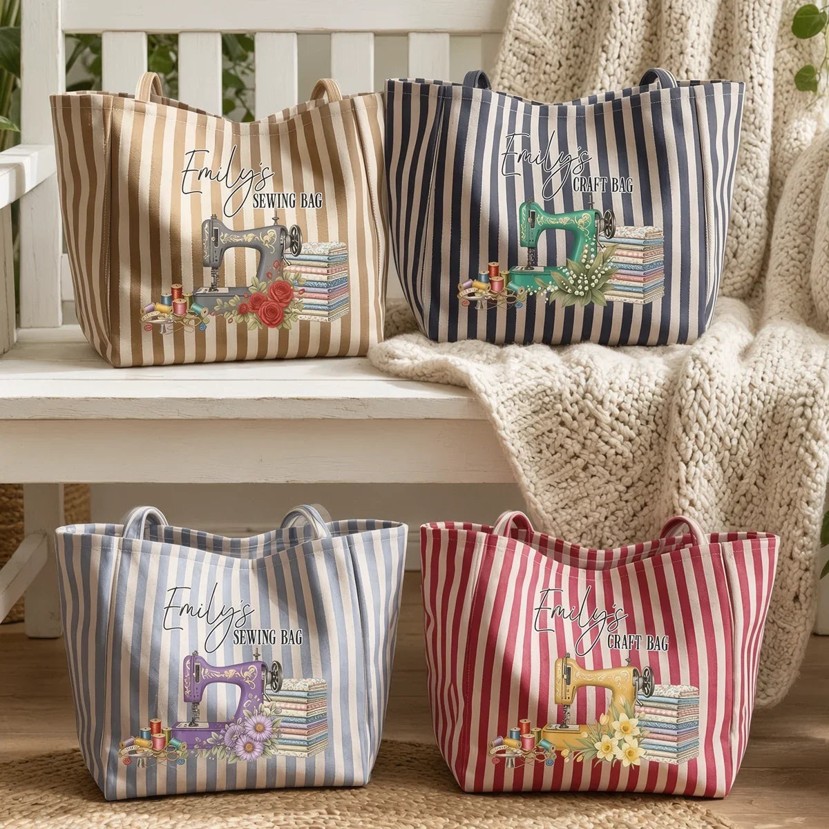 Personalized Striped Canvas Tote Bag for Sewing Lovers Gift