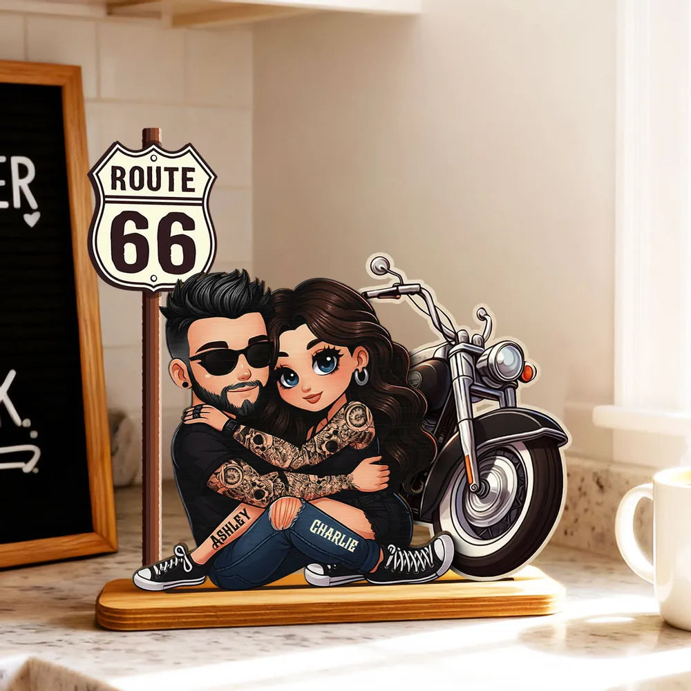 Custom Couple Figurine for Bikers with Route 66 Sign - Romantic Gift Plaque MagicInPrints