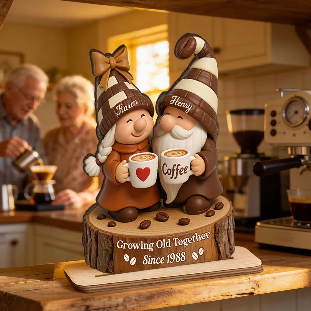 Personalized Couple Gnome Figurine for Coffee Lovers - Anniversary Gift Plaque MagicInPrints