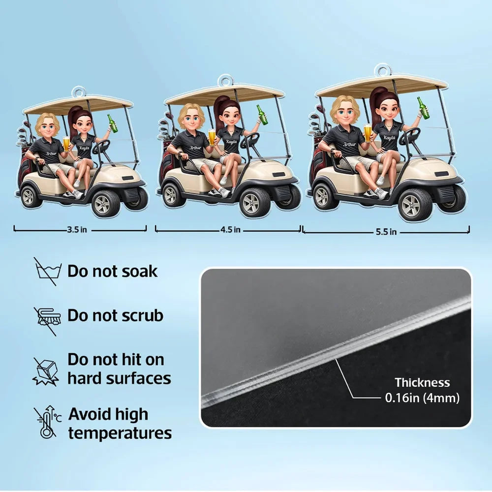 Custom Cartoon Golf Cart Couple Car Ornament - Personalized Gift for Golf Lovers Car Hanger MagicInPrints